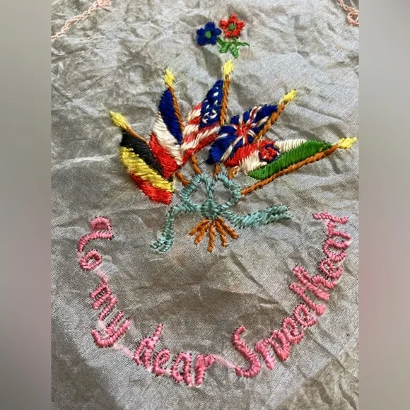 Antique WWI Embroidered Silk Hankie - WWI Flags Design - To My Dear Sweetheart